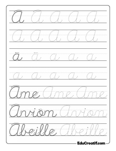 page d'exercice pour l'écriture cursive de la lettre A